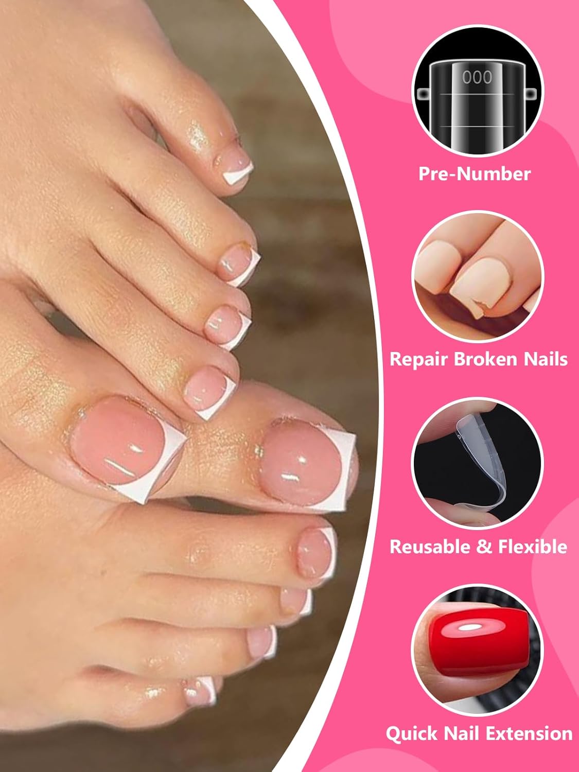 Poly Gel Toe Nail Form Set, EBANKU Reusable Toenails Dual Forms for Nail Extensions, Poly Gel Toe Nail Tips Pre-designed French Line Salon Home DIY Nail Art Supplies - 15 Sizes 150PCS-Velvo Beauty