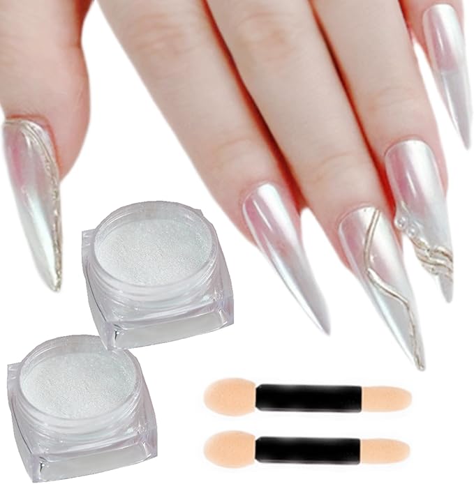 2 Pcs White Iridescent Nails Powder Aurora Chrome Powder for Nails,Mermaid Chrome Nail Pearl Powder Chameleon Chrome Nail Powder Manicure Pigment(2 Pcs Moonlight)-Velvo Beauty