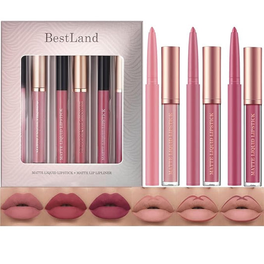 BestLand 6Pcs Matte Liquid Lipstick + Lip Liner Pens Set, One Step Lips Makeup Kits Pigment Velvety Nude Lip Stain Waterproof Long Wear Lip Gloss Make up Gift Set (Natural Allure Bundle)-Velvo Beauty