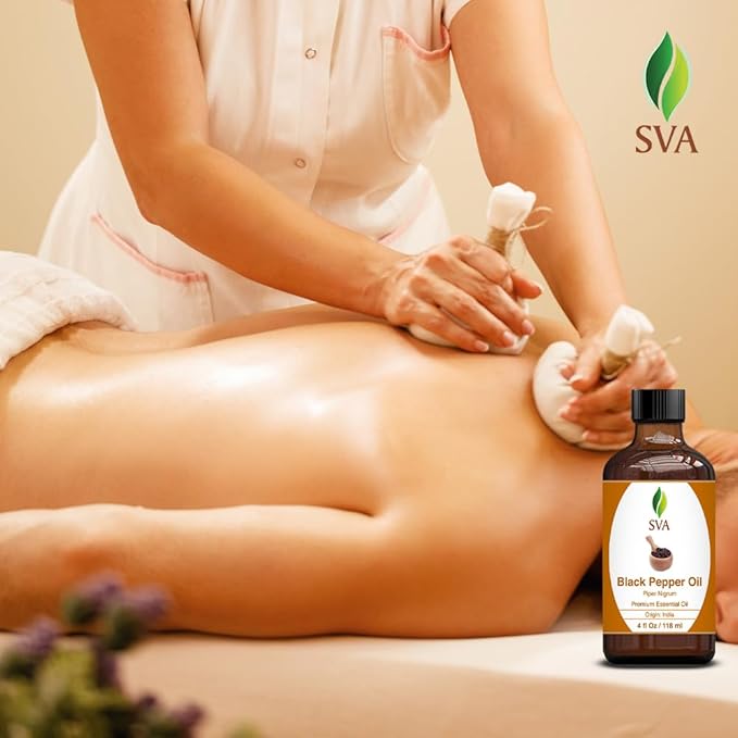 SVA Black Pepper Essential Oil – 4 Fl Oz – 100% Natural Black Pepper Oil - for Diffuser, Hair Care, Face, Skin Care, Aromatherapy, Scalp and Body Massage, Soap and Candle Making – with Dropper-Velvo Beauty