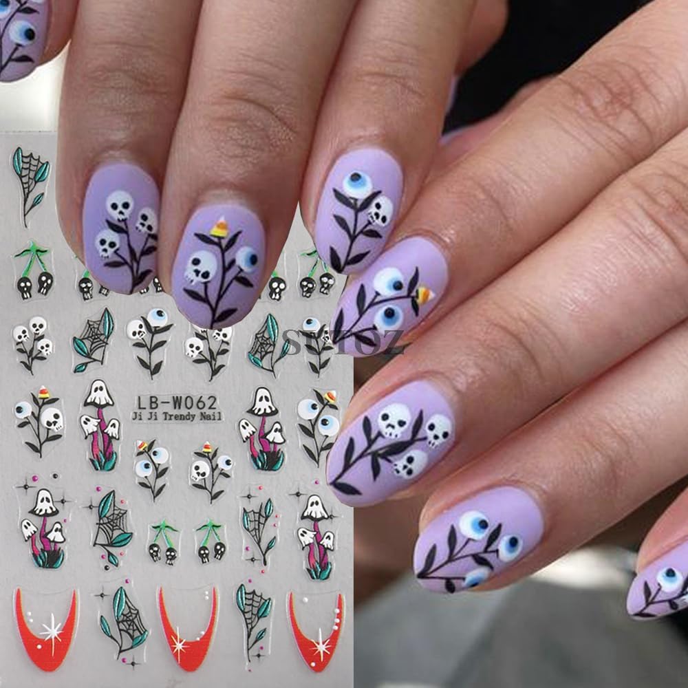 5 Sheets Halloween Nail Art Stickers Horror Ghost Self-Adhesive Embossed Flower Skull Nail Decals - with Cute Sunflower Strawberry Spider Ghost Designs for Women Girls DIY Nail Decoration-Velvo Beauty