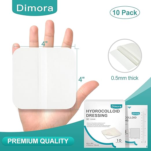 Dimora Hydrocolloid Dressing 4" x 4" for Wound Care, 10 Pack Large Patch Bandages with Self-Adhesive for Bedsore, Burn, Blister, Acne Care, Super Absorbent for Fast Healing-Velvo Beauty