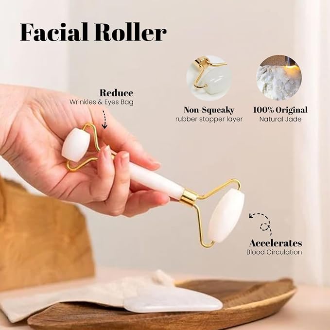 ROSELYNBOUTIQUE Gua Sha Facial Tools & Face Roller for Wrinkless Natural Skincare Tool Jade Roller Guasha Tool for Face Facial Massager (White Jade)-Velvo Beauty