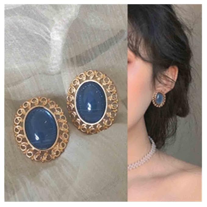 Vintage Oval Blue Gem Earrings Blue Lapis Earrings Antique Halo Oval Earrings Custom Oval Studs Earrings Jewelry for Women and Girls Gifts-Velvo Beauty