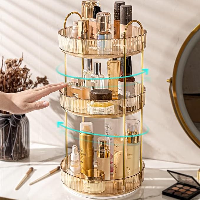360 Rotating Makeup Organizer - High-Capacity Skincare & Cosmetics Organizer for Vanity, Bathroom or Dresser (3 Tiers, Amber)-Velvo Beauty