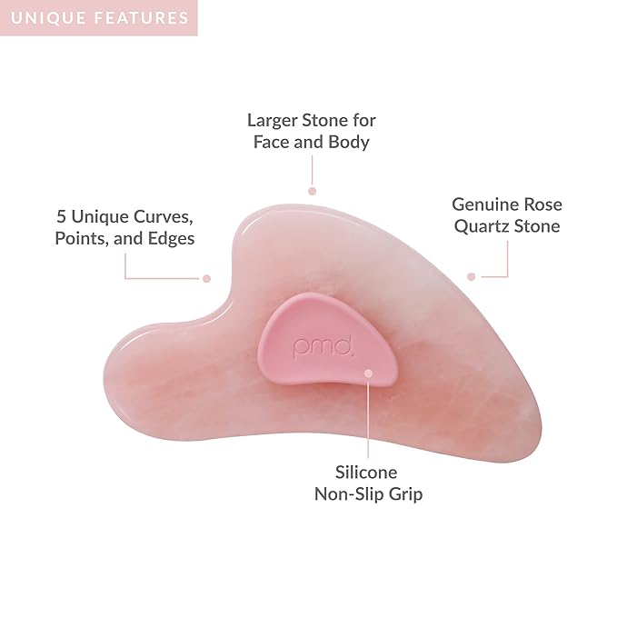 PMD Beauty Gua Sha Facial Tools - Massaging, Sculpting and Depuffing Guasha Tool for Face with Rose Quartz and Silicone Grip - Reduce Tension & Inflammation-Velvo Beauty