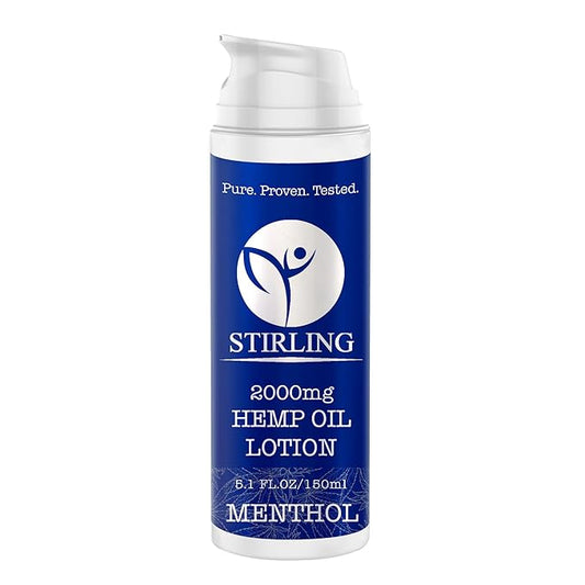 STIRLING Menthol Lotion + Hemp Oil – Maximum strength relief with cooling menthol and 100% pure hemp oil to soothe joints, relax muscles, and hydrate with aloe vera. 5 fl oz. (2000mg, Menthol)-Velvo Beauty