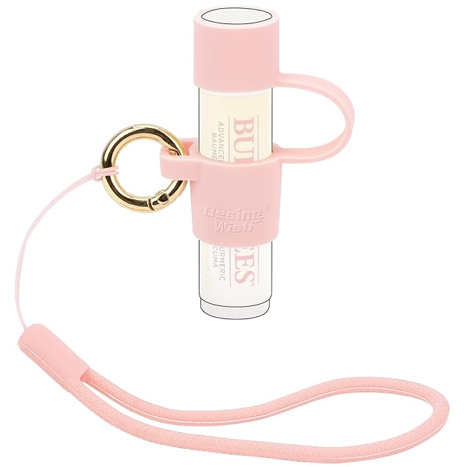 Desing Wish Silicone Lip Balm Holder with Cap Cover Portable Chapstick Holder Keychain Sleeve Lip Balm Key Chain with Key Ring and Wrist Strap Lanyard - Pink-Velvo Beauty