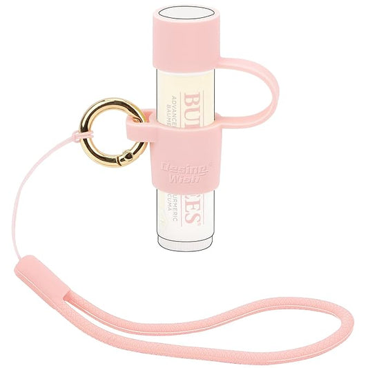 Desing Wish Silicone Lip Balm Holder with Cap Cover Portable Chapstick Holder Keychain Sleeve Lip Balm Key Chain with Key Ring and Wrist Strap Lanyard - Pink-Velvo Beauty