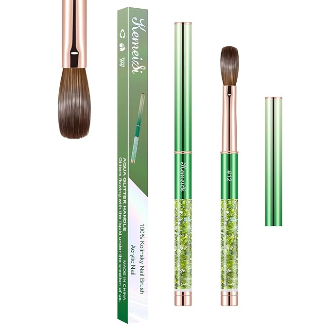 Acrylic Nail Brush Size #12, KEMEISI 100% Pure Kolinsky Nail Art Brushes Sturdy Handle Oval Shaped Acrylic Powder Nail Design Tools for Professional Manicure DIY Home Salon (Green)-Velvo Beauty