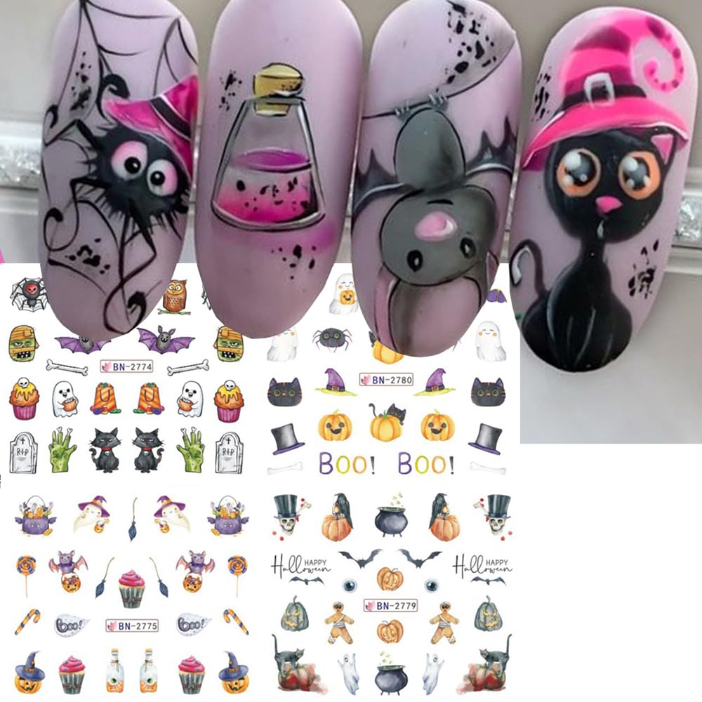 Halloween Nail Stickers 12 Sheets Pumpkin Halloween Nail Art Supplies Decorations Water Transfer Nail Decals Cute Ghost Witch Bat Skeleton Spider Design Watermark Slider Nail Foils for Women DIY-Velvo Beauty