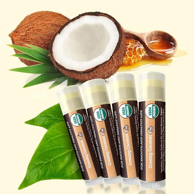 USDA Organic Lip Balm 4-Pack by Earth's Daughter - Creamy Coconut Flavor, Beeswax, Coconut Oil, Vitamin E - Best Lip Repair Chapstick for Dry Cracked Lips-Velvo Beauty