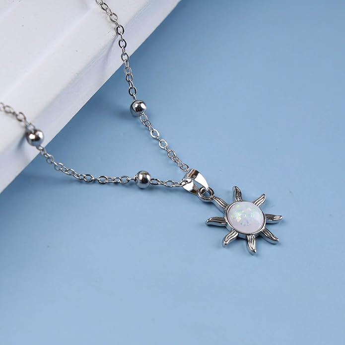Vintage Opal Crystal Sun Pendent Necklace Opal Sunburst Necklace Moonstone Sun Choker Necklace Gold Ball Chain Necklace Jewelry for Women (Gold)-Velvo Beauty