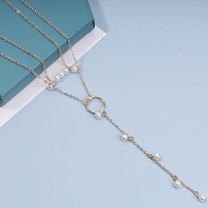 Boho Circle Pearl Lariat Necklace Gold Long Lariat Chain Necklace Tiny Pearl Choker Necklace Drop Pearl Chain Y Necklace Jewelry for Women and Girls Gifts-Velvo Beauty
