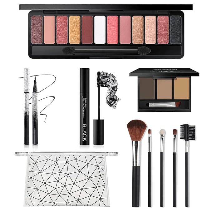 All in One Makeup Kit for Women Full Kit, Includes 12 Colors Eyeshadow Palette, Lash Mascara, Liquid Eyeliner, Eyebrow Powder, 5 Pcs Makeup Brush and Cosmetic Bag, Makeup Gift Set for Women & Teens-Velvo Beauty