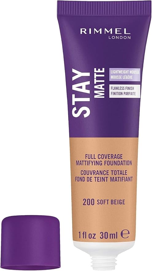 Rimmel London Stay Matte Liquid Mousse - 200 Soft Beige - Foundation, Lightweight, Shine Control, Oil-Free, 1oz-Velvo Beauty