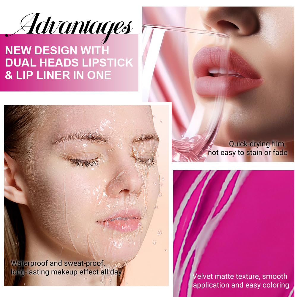 evpct 1Pcs Fuchsia Red Matte Lip Liner & Liquid Lipstick Stain Makeup Set for Women, Fuchsia Lip Liner Stain Long Lasting Waterproof Smudge Proof, Cruelty Free Lip Stick Makeup 24 hours originales, 60-Velvo Beauty