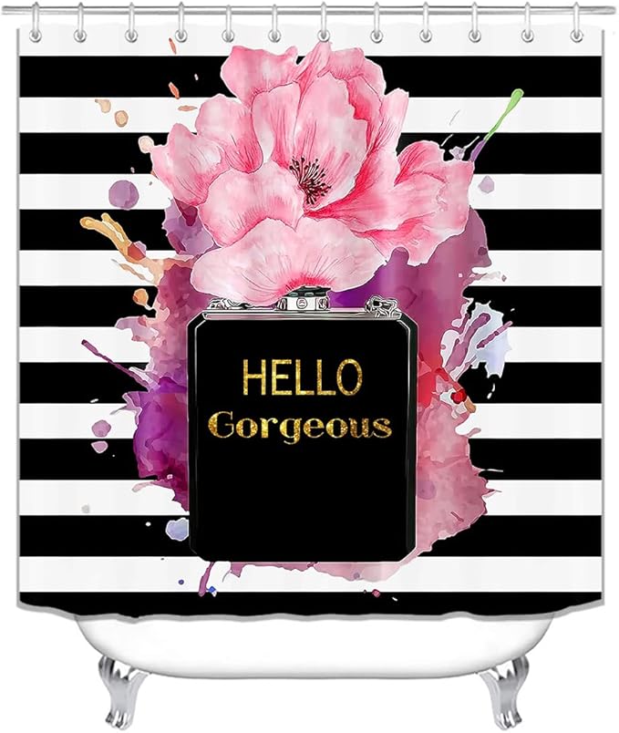4PCS Gold Glitter Hello Gorgeous Shower Curtain Set, Watercolor Pink Floral Black and White Striped Perfume Makeup Modern Fashion Women Bathroom Decor, Non-Slip Bath Mat Toilet Rug, Hibiscus-Velvo Beauty