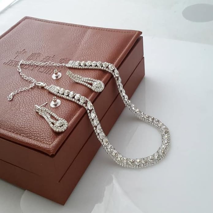 Yean Bride Silver Necklace Earrings Set Rhinestone Bridal Wedding Jewelry Sets Crystal Choker Necklace for Women (Set 3)-Velvo Beauty