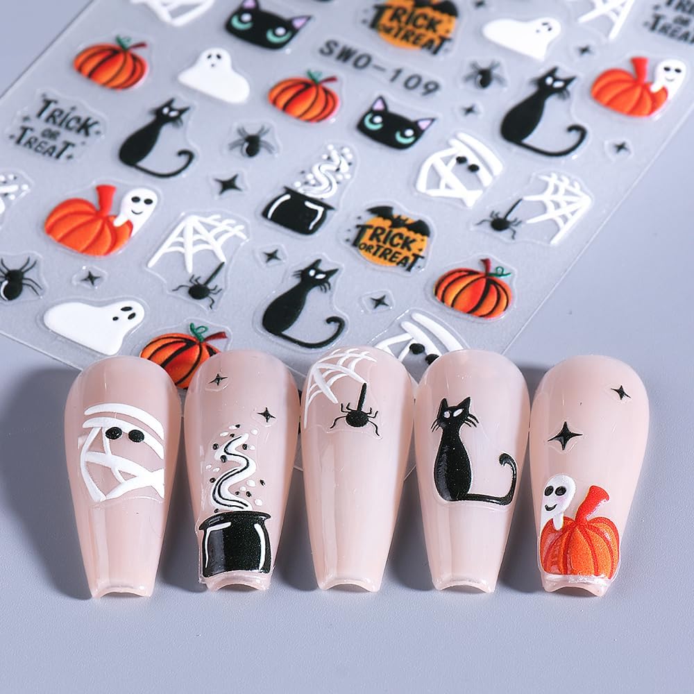 4 Sheets Halloween Nail Stickers for Nail Art Scary Black Cat Mummy Spider Web Nail Art Stickers 5D Spider Pumpkin Nail Decals Self-Adhesive Ghost Skeleton Nail Supplies for Women Nails Decoration-Velvo Beauty