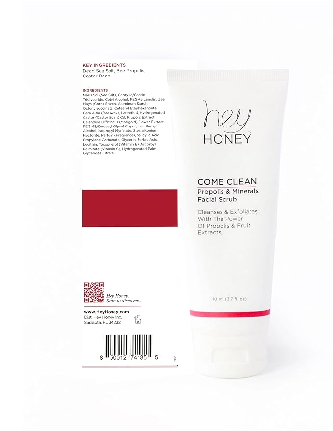Hey Honey, Come Clean Propolis & Mineral Facial Scrub. Rich, Exfoliating, Dead Sea Salt Scrub designed to be gentle enough for even the most sensitive skin. 110ml-Velvo Beauty