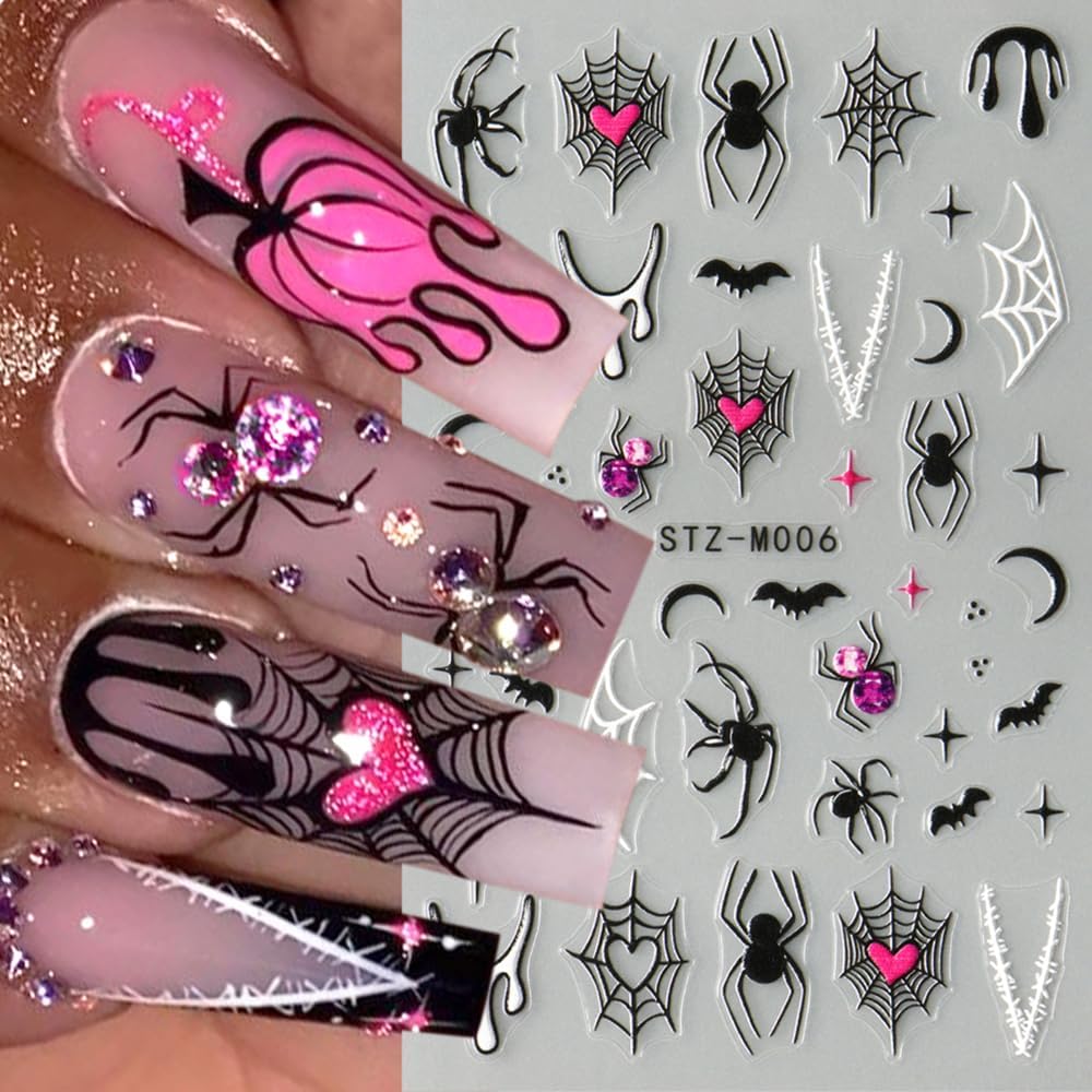 3 Sheet Halloween Nail Stickers Ghost Bat Spider Nail Decals 3D Self-Adhesive Spider Web Spooky Bat Spider Nail Art Stickers Design Gothic Nail Art Supplies for Holiday Acrylic DIY Nail Decoration-Velvo Beauty