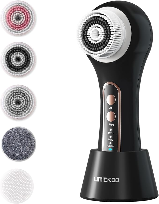 Face Scrubber Exfoliator,Facial Cleansing Brush Rechargeable IPX7 Waterproof with 5 Brush Heads,Electric Face Spin Brush for Exfoliating, Massaging and Deep Cleansing (Black Color)-Velvo Beauty