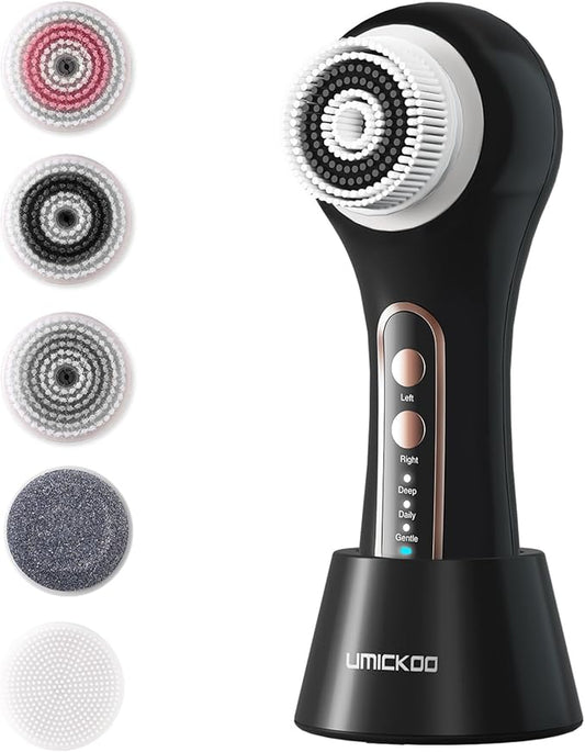 Face Scrubber Exfoliator,Facial Cleansing Brush Rechargeable IPX7 Waterproof with 5 Brush Heads,Electric Face Spin Brush for Exfoliating, Massaging and Deep Cleansing (Black Color)-Velvo Beauty