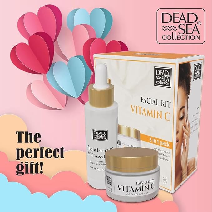 Dead Sea Collection Facial Vitamin C Kit - Day Cream (1.69fl.oz/50ml jar) & Facial Serum (1.69fl.oz/50ml bottle) - Pure Dead Sea Minerals - Anti-Wrinkle Hydration Smooth and Moisturized Skin-Velvo Beauty