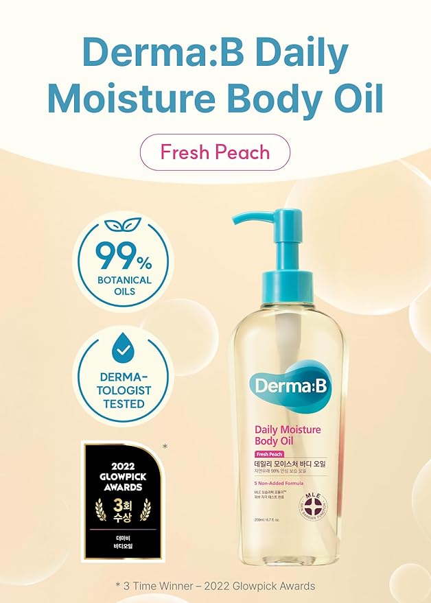 Derma B | Daily Moisture Body Oil | 99% Natural Argan & Sweet Almond Oil | Shower Oil for Dry Sensitive Skin | Light & Long-Lasting Hydration | Skin Body Care Oil with Peach Scent | 6.78 fl oz (200ml)-Velvo Beauty