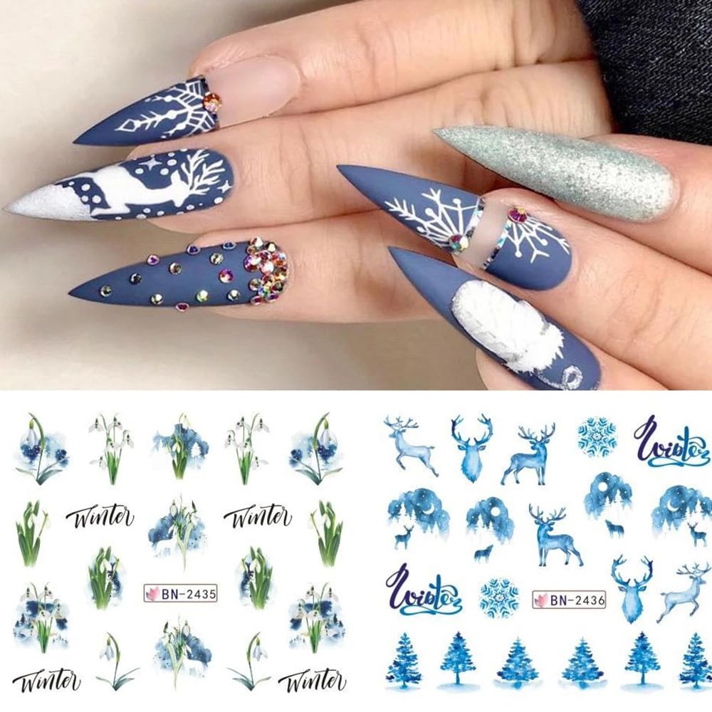 Christmas Nail Art Stickers Snowflake Water Transfer Nail Decals Winter Snow Flake Elk Cold Ice Bear Tree Nail Design Stickers for Nail Art Acrylic Watermark Nail Foils for Christmas Nail Decor 12Pcs-Velvo Beauty