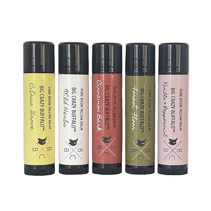 Pure Bison Tallow Lip Balm Set (5 pack) - Moisturizing, Non-Habit Forming, Soothes Chapped Lips, Hydrating-Velvo Beauty