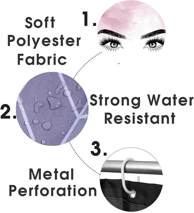 4PCS Hello Gorgeous Eyelash Shower Curtain Set, Gold Glitter Quotes Black Eyebrow Makeup Pink Marble Glam Modern Fashion Girly Women Bathroom Decor, Non-slip Bath Mat Toilet Rug, Charming Eyes-Velvo Beauty