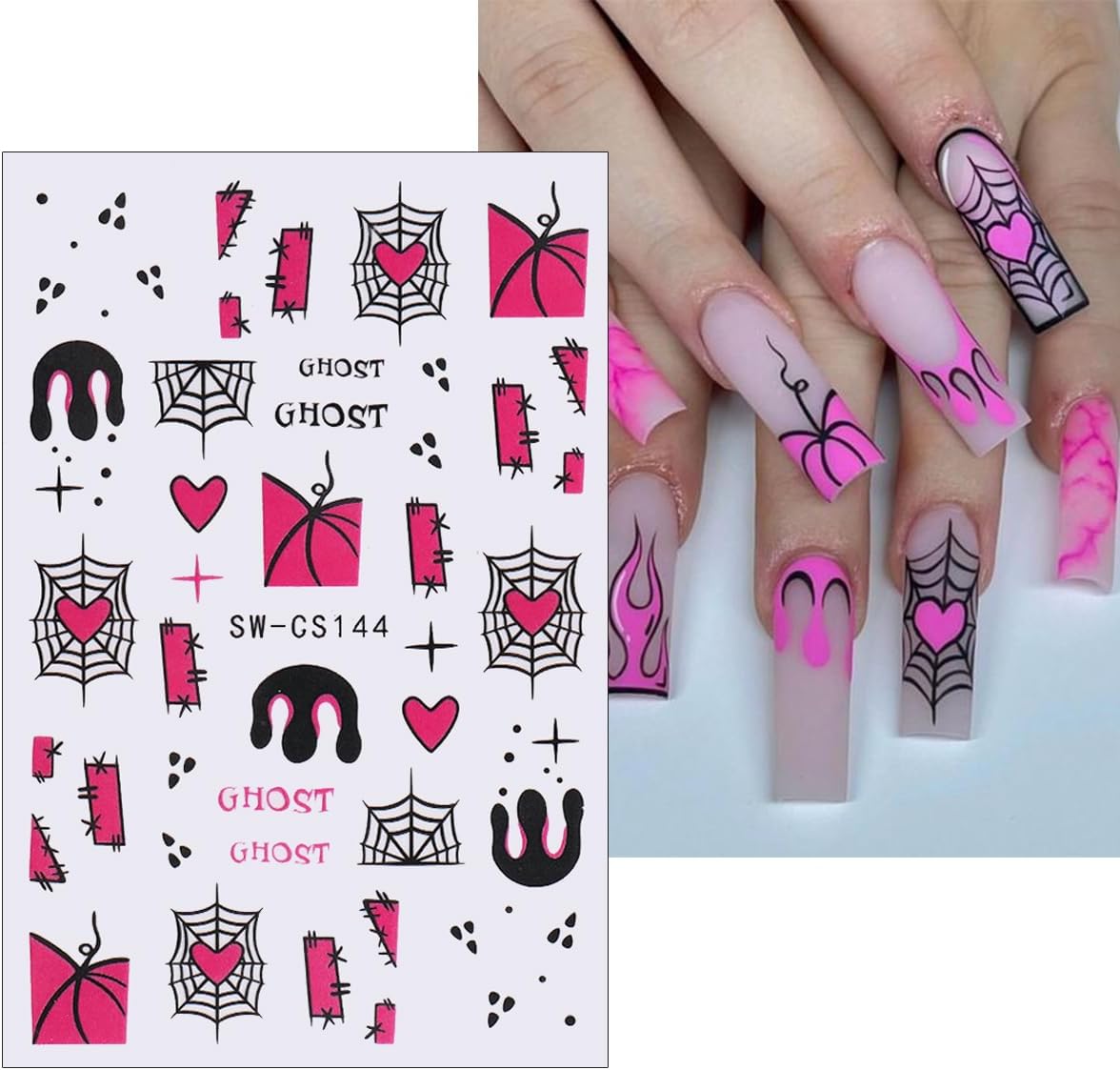 6Sheets Halloween Nail Stickers - Cute Ghost Nail Decals, 3D Self-Adhesive Pink Pumpkin Spider Web Mummy Ghost Nail Art Design Stickers for Women-Velvo Beauty