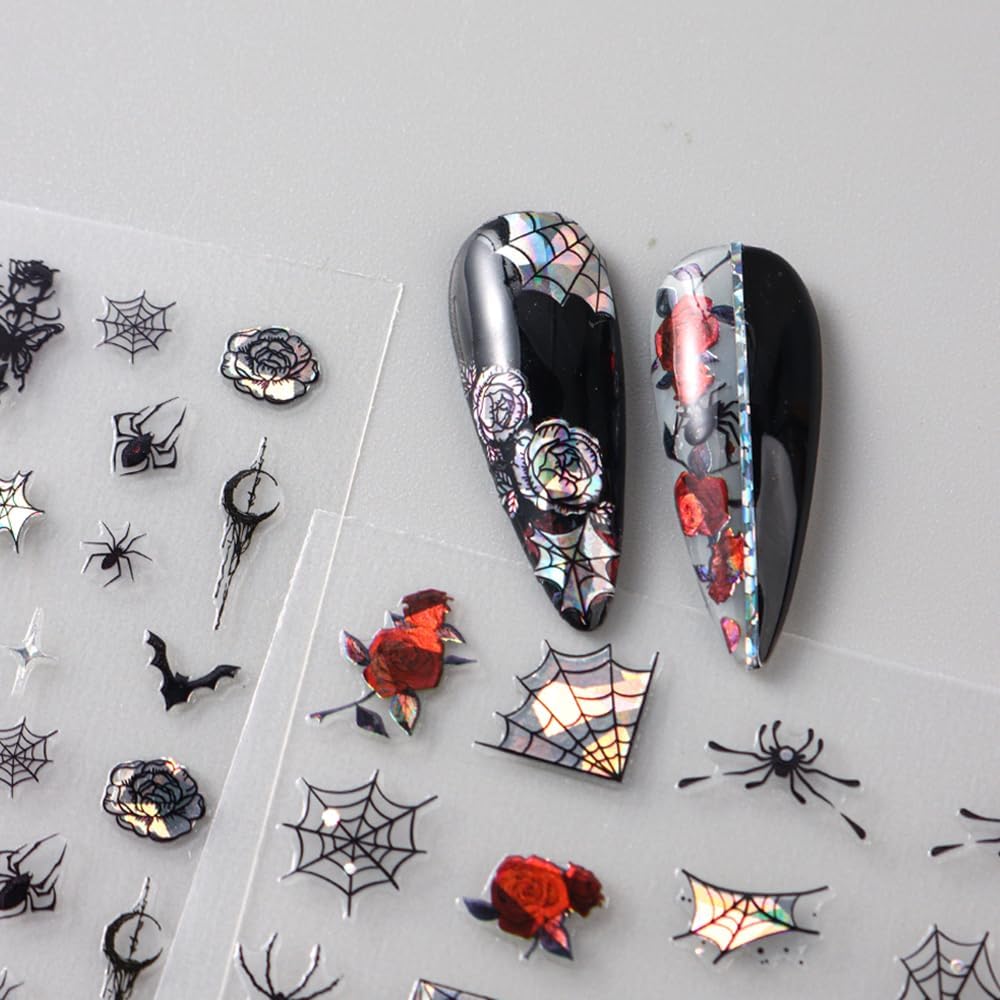 6 Sheets Halloween Nail Stickers Decals, 3D Spider Nail Sticker Decoration Self-Adhesive Colorful Red Rose Flowers Spider Web for Nails Stickers DIY Manicure Art Halloween Decoration-Velvo Beauty