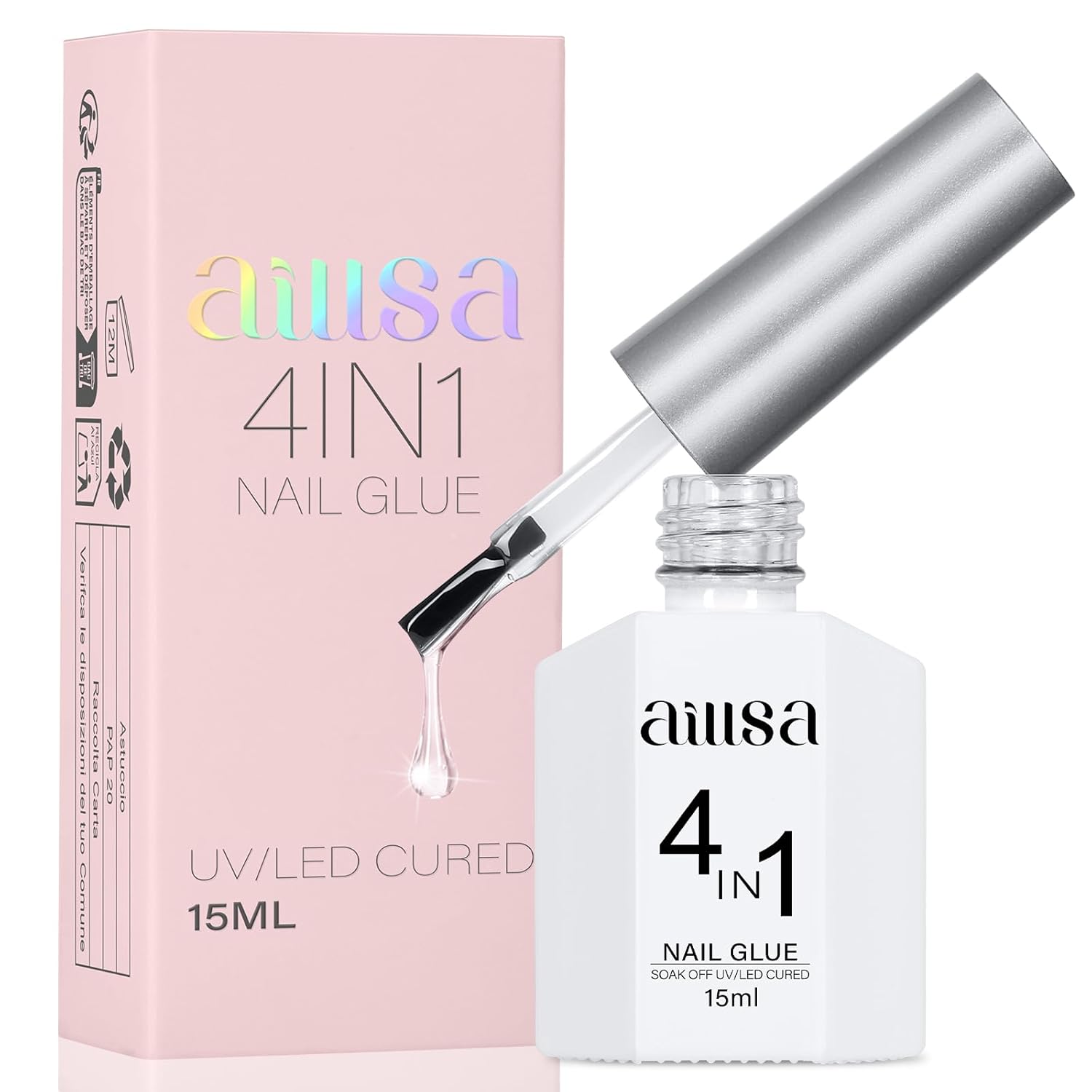 AILLSA Gel Nail Glue for Acrylic Nails, 4 in 1 Super Strong Nails Gel Glue for Fake Nail Tips,15ML High Capacity Long Lasting Brush On Nail Glues for Rhinestone Pearl Foil, (U V Lamp Curing Needed)-Velvo Beauty