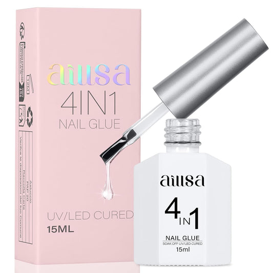 AILLSA Gel Nail Glue for Acrylic Nails, 4 in 1 Super Strong Nails Gel Glue for Fake Nail Tips,15ML High Capacity Long Lasting Brush On Nail Glues for Rhinestone Pearl Foil, (U V Lamp Curing Needed)-Velvo Beauty