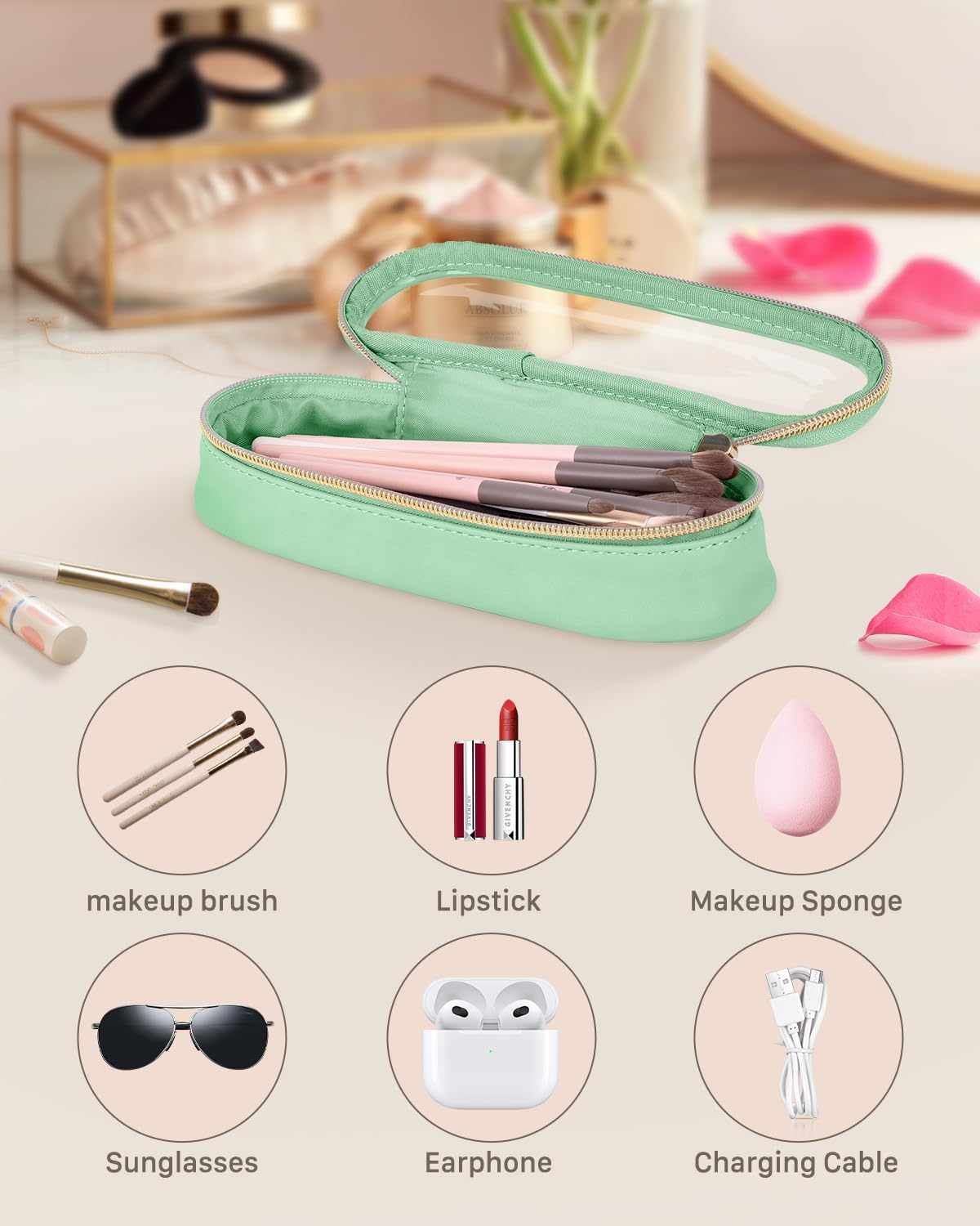 Clear Travel Makeup Brush Holder, Leather Makeup Brush Toiletry Bag, Portable Cosmetic Brush Case, Transparent Waterproof Makeup Brush Storage Bag, Mint Green-Velvo Beauty