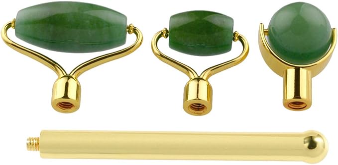mookaitedecor Jade Roller Green Aventurine 3 in 1 Set Removable Replacement Rollers, Anti-Aging Massager Tool for Face and Neck-Velvo Beauty