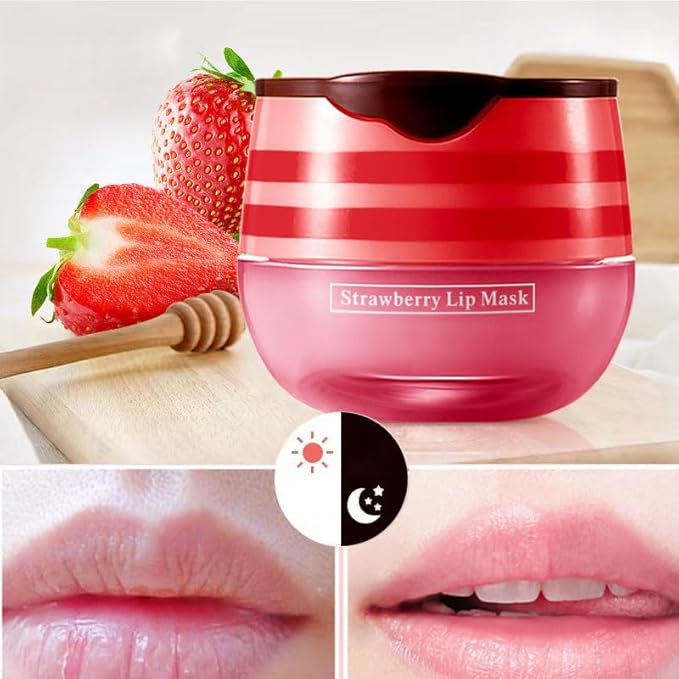2 Pcs Lip Balm Honey Pot, Honey & Strawberry Hydrating Lip Mask, Reduces Lip Lines Prevention Dry and Cracked Lip Scrubs Exfoliator Honeypot Lip Balm. (Honey & Strawberry)-Velvo Beauty