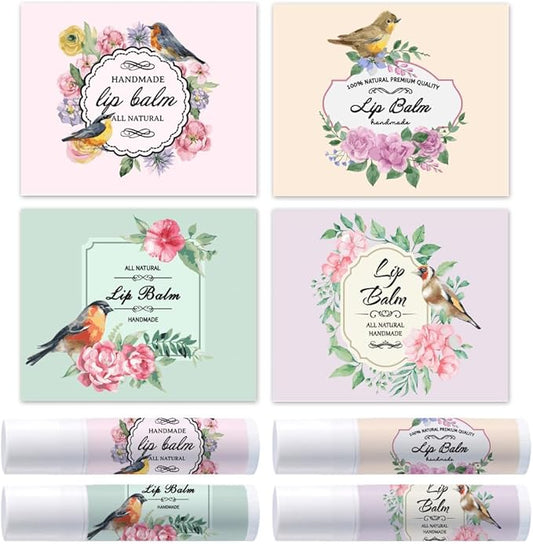 OLYCRAFT 100Pcs Self-Adhesive Lip Balm Tag Stickers 1.7x2.1 inch Waterproof Adhesive Label with Bird Patterns Rectangle Lipstick Tag Sticker for Lip Balm Container Tubes Lipstick Wrapping Decoration-Velvo Beauty