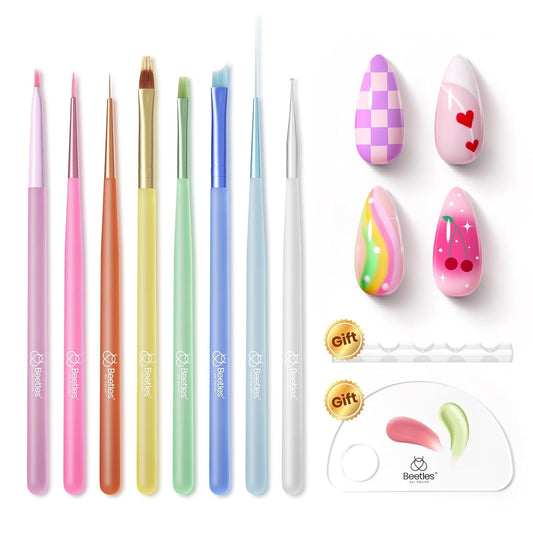 Beetles Nail Art Brushes Set for Gel Polish 8 Pcs - Nail Art Design Pen Fingernail Painting Dotting Tool, Liner Gradient Clean Up Brush DIY with Palette Rainbow Pastel Pen Set Manicure Kit-Velvo Beauty