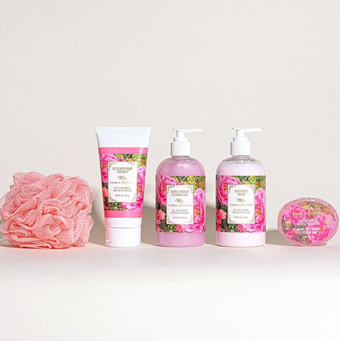 Camille Beckman Essentials Gift Basket, Glycerine Rosewater, Glycerine Hand Therapy 6 oz, Silky Body Cream 13 oz, Hand and Shower Cleansing Gel 13 oz, Glycerine Soap 3.5 oz-Velvo Beauty