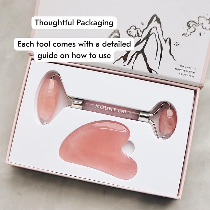 Mount Lai Rose Quartz Gua Sha Facial Tools, Pink Quartz Gua Sha Facial Tools Set and Roller, Guasha Tool for Face to Relieve Muscle Tension and Reduce Puffiness, Anti Aging Skin Care Sets for Women-Velvo Beauty