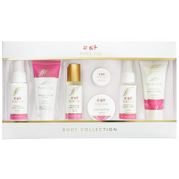Pure Fiji Body Collection 7pacs- Bath and Body Gift Set Include - Body Mist,Coconut Crush, Body Oil, Body Butter, Soap, Body Lotion, Hand Creme - Travel Size, Scent Guava-Velvo Beauty