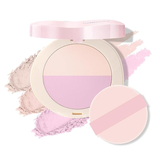 Pink Setting Powder, 3 in 1 Blush Palette with Puff, Highlighter Palette, Fine Texture Blush Pressed Powder, Setting Powder Makeup, Korea Makeup - Purple-Velvo Beauty