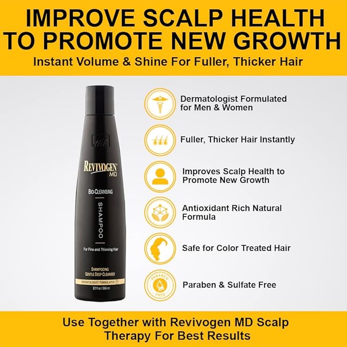 Revivogen MD Bio-Cleansing Shampoo for Thinning Hair, DHT Blocker Shampoo, Hair Loss Shampoo, Shampoo Thinning Hair, Soothes Scalp, Routine Shampoo for Women/Men Hair Loss, Hair Shampoo, 12oz-Velvo Beauty