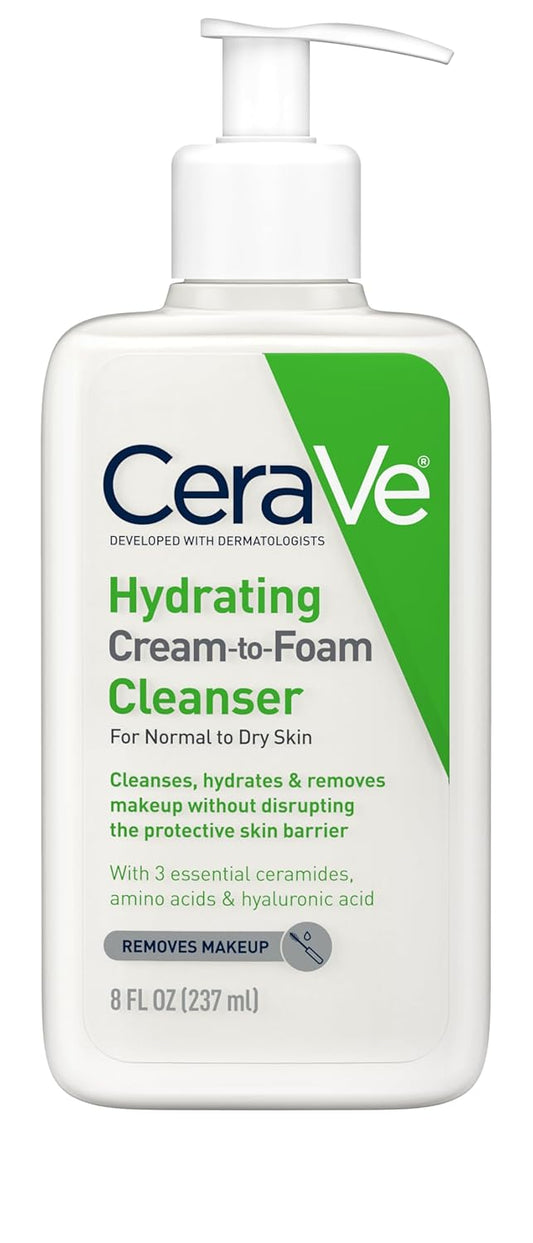 CeraVe Hydrating Cream To Foam Cleanser, Makeup Remover Face Wash For Dry Skin, Foaming Facial Cleanser With Hyaluronic Acid, Normal To Dry Skin, Fragrance Free & Non Comedogenic, 8 Fluid Ounces-Velvo Beauty
