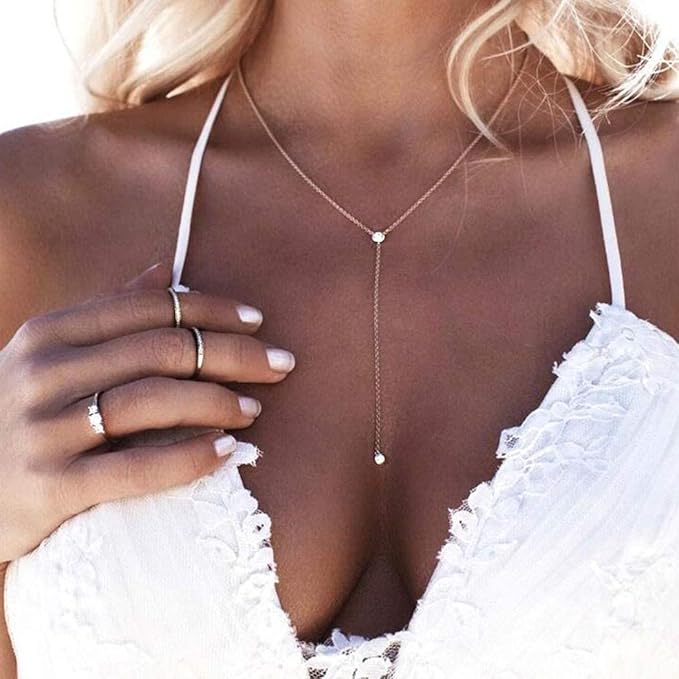 Boho Crystal Y Drop Necklace Choker Gold Long Y Necklace Chain Minimalist Cz Lariat Necklace Classic Simple Y Lariat Necklace Jewelry for Women and Girls Gifts-Velvo Beauty