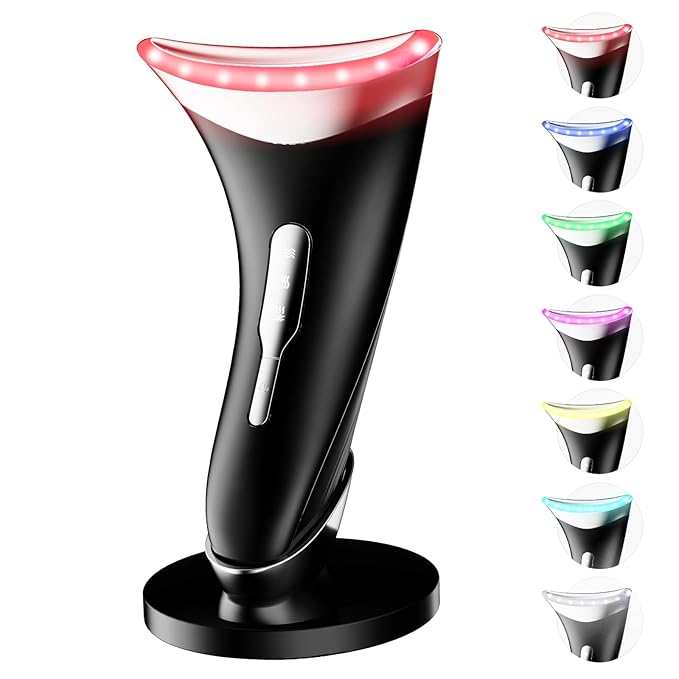7 Color Light Therapy Facial Massager with Adjustable Vibration and Thermals for Wrinkles, Double Chin, Red Light Skin Care Tool with Base, Black-Velvo Beauty